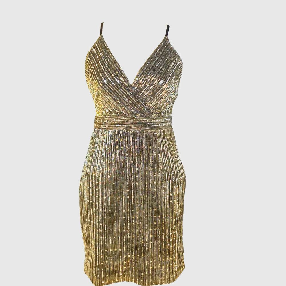 Endless Blu Gold and Silver Sequins Lined Mini Dress Size Medium